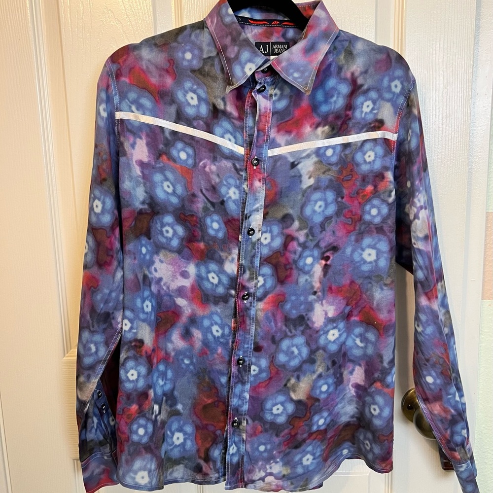 Armani Jeans Vintage Lightweight Cotton Fitted Floral Shirt Size Medium Used